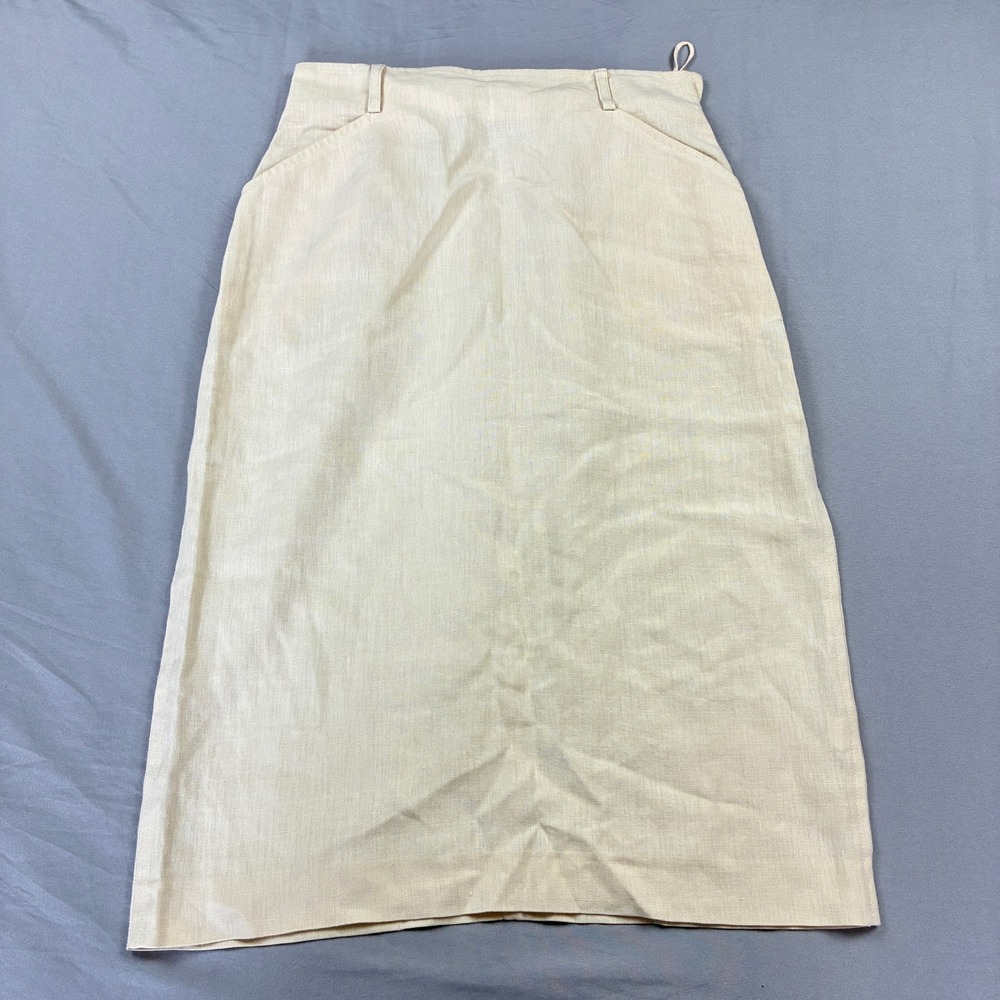Calvin Klein Skirt Women 8 Beige Ecru Linen Side Zip Pockets VTG Straight Midi